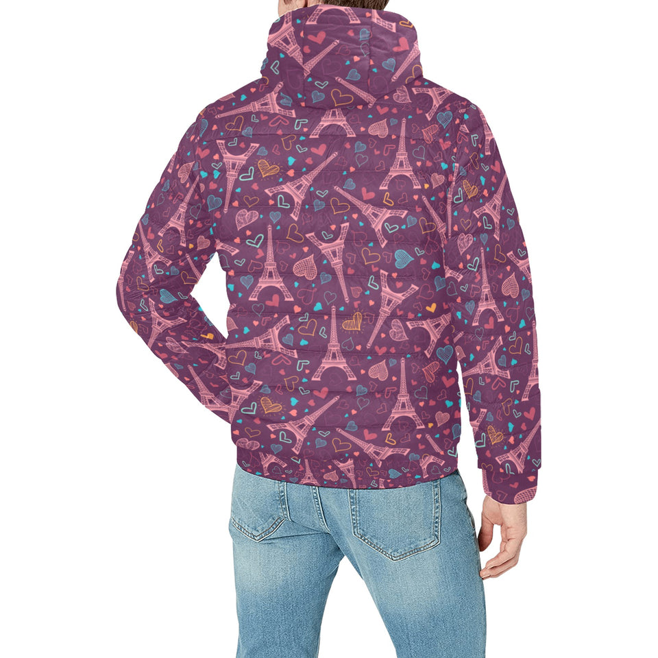 Eiffel Tower Heart Pattern Print Design 04 Men's Padded Hooded Jacket