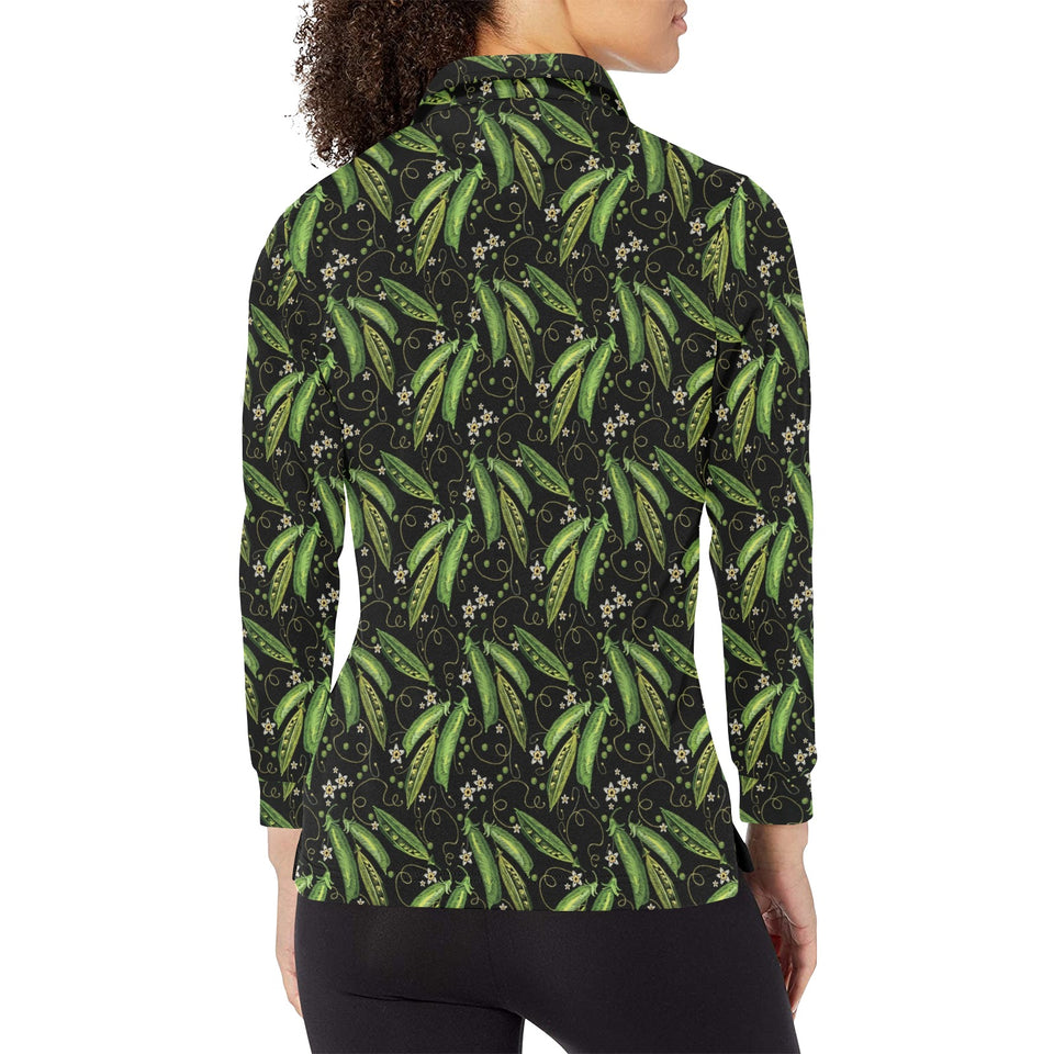 Green Peas Pattern Print Design 02 Women's Long Sleeve Polo Shirt