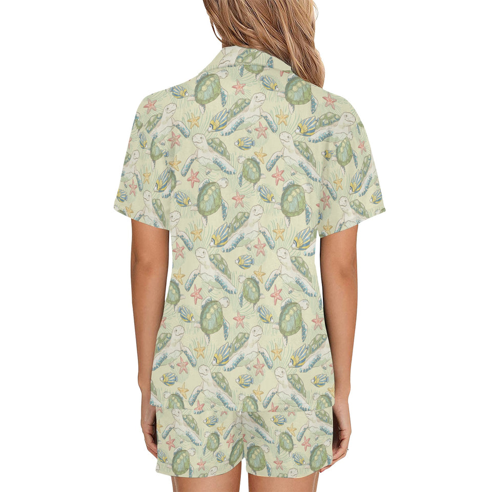 Hand drawn sea turtle fish pattern Women's V-Neck Short Pajama Set