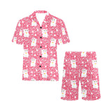 Maneki neko cat sakura pink background Men's V-Neck Short Pajama Set