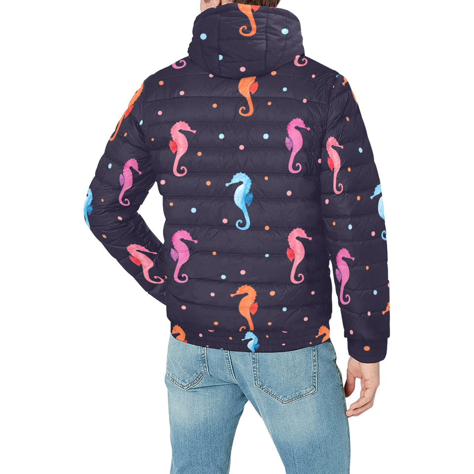 Watercolor colorful seahorse pattern Men's Padded Hooded Jacket