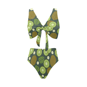 Whole sliced kiwi leave and flower Chest Bowknot High Waisted Bikini Swimsuit