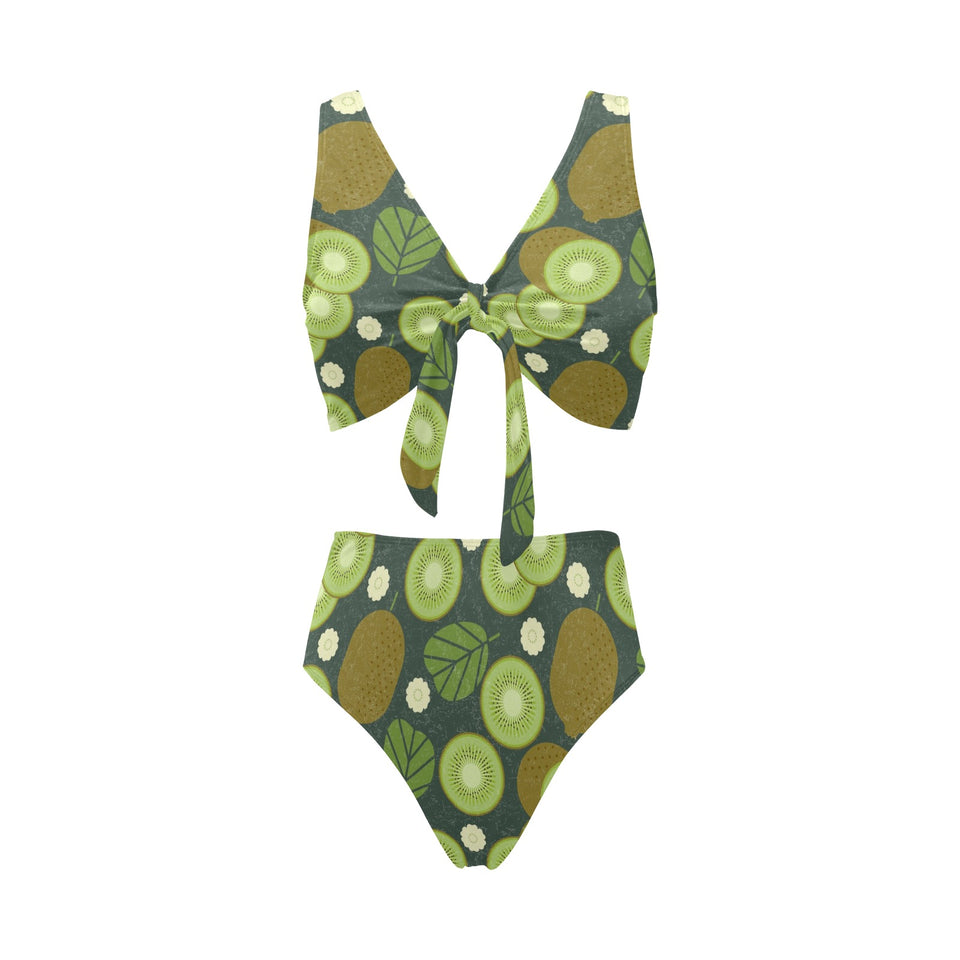 Whole sliced kiwi leave and flower Chest Bowknot High Waisted Bikini Swimsuit