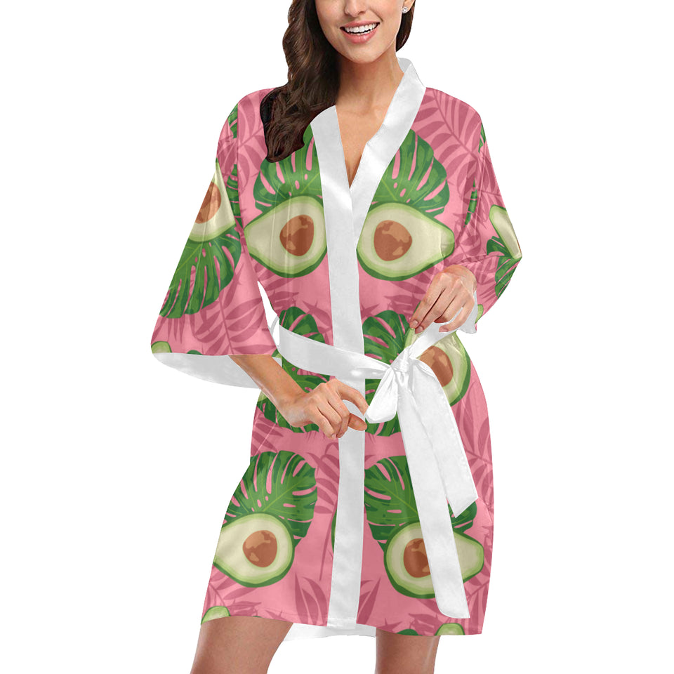 Avocado slices leaves pink back ground Women's Short Kimono Robe