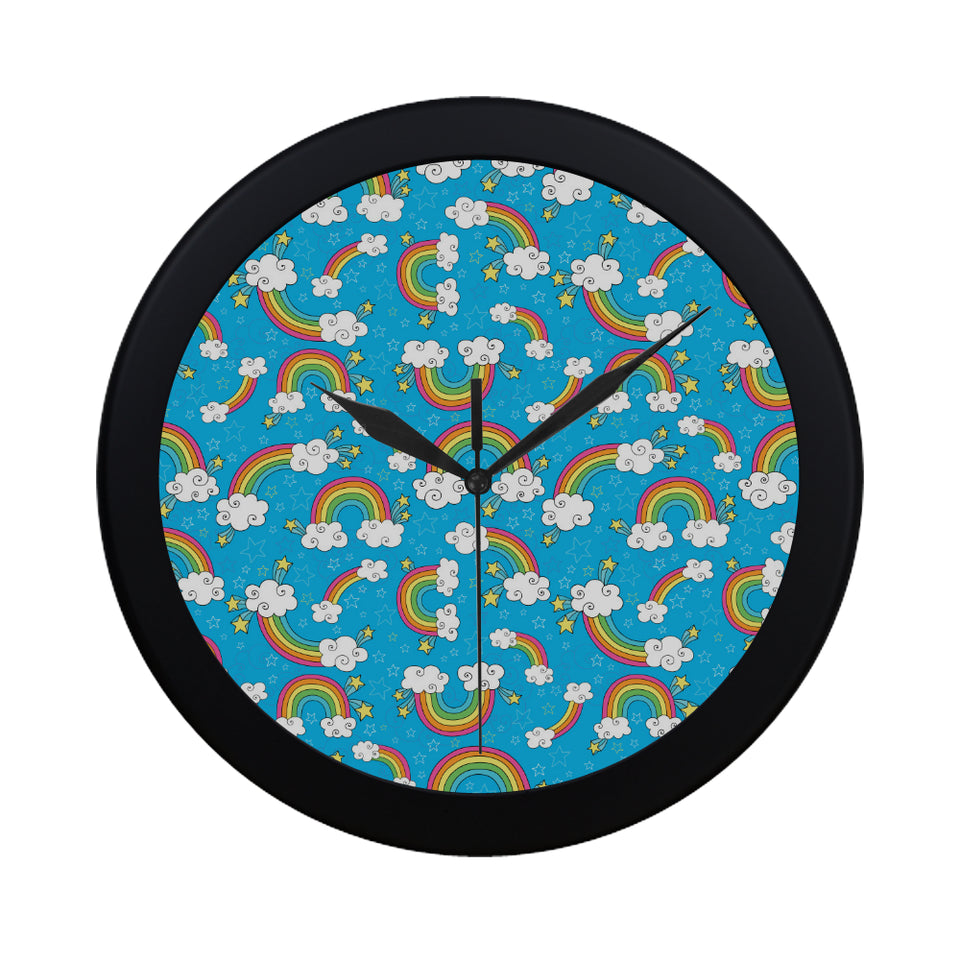 Rainbows Sky Clouds Pattern Elegant Black Wall Clock