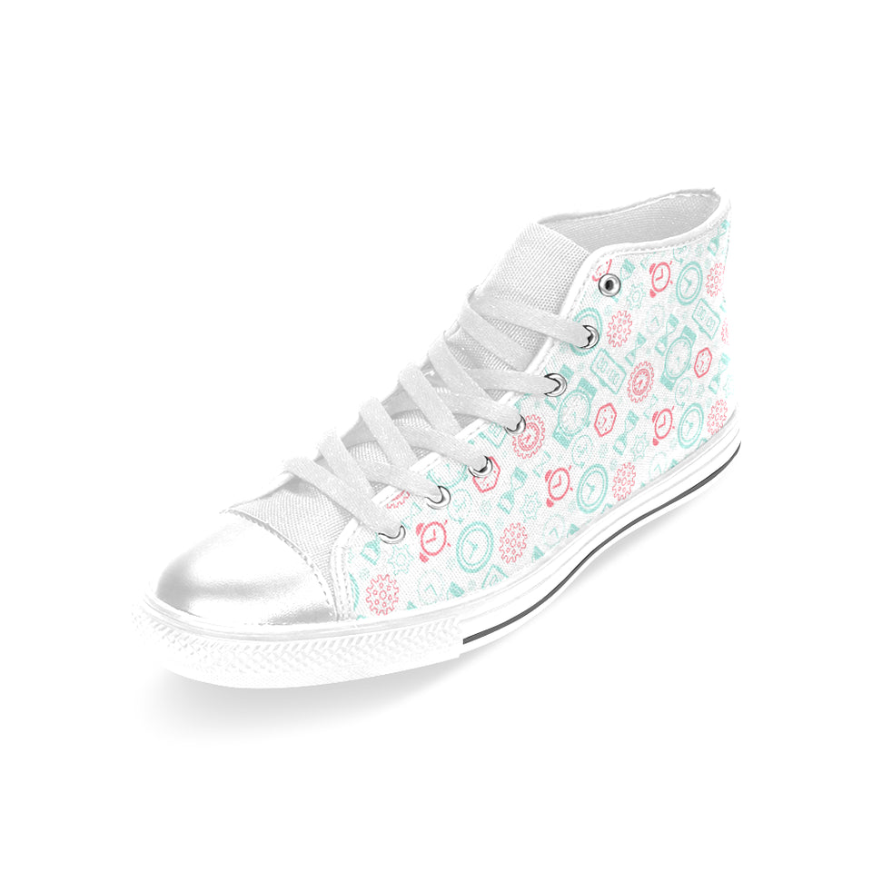 Clock time pattern blackground Women's High Top Canvas Shoes White