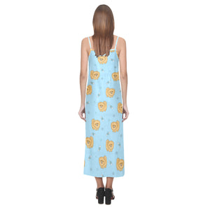Brown cute pomeranian blue blackground V-Neck Open Fork Long Dress