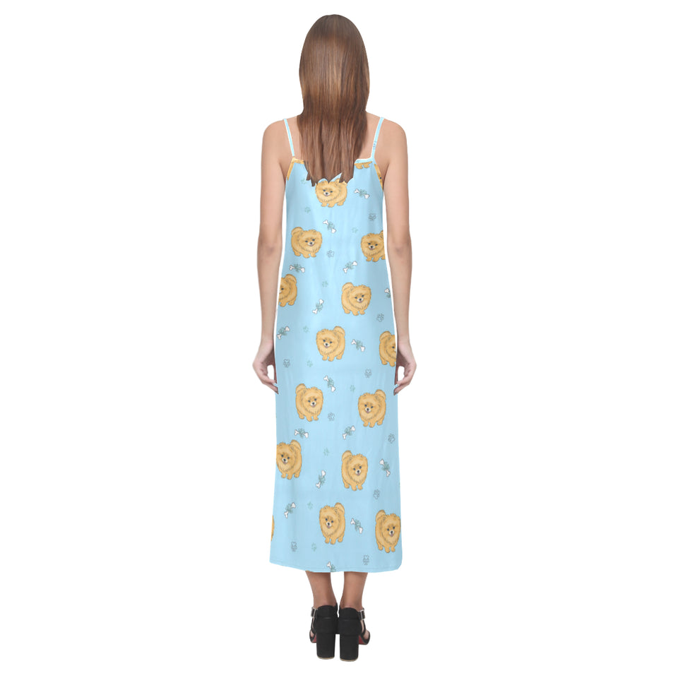 Brown cute pomeranian blue blackground V-Neck Open Fork Long Dress