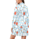 Bowling ball bowling pins blue blackground Women's Long Sleeve Belted Night Robe