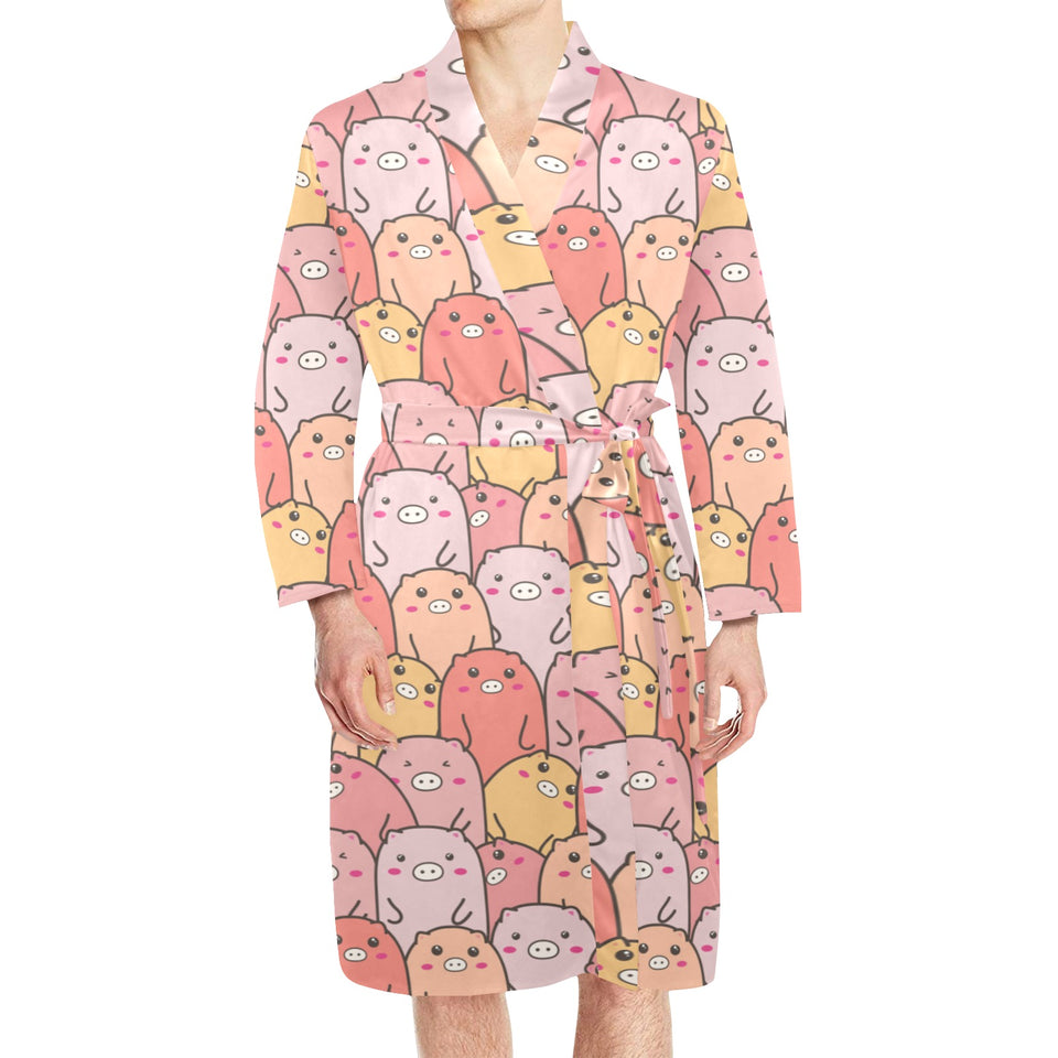 Pig Pattern Print Design 04 Men's Long Sleeve Belted Night Robe