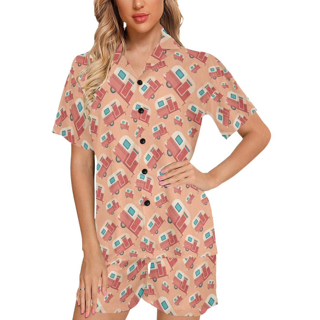 Camper Van Pattern Print Design 03 Women's V-Neck Short Pajama Set