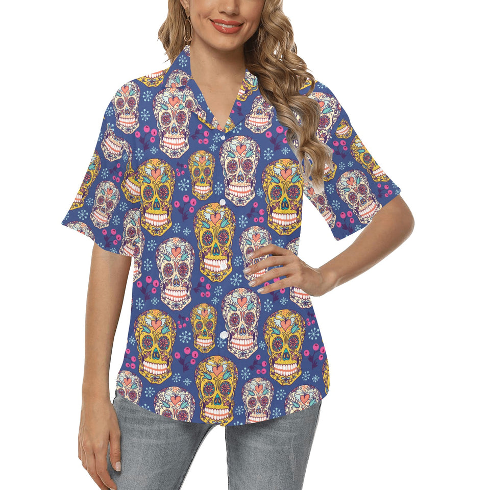 Sugar skull flower pattern Women's All Over Print Hawaiian Shirt