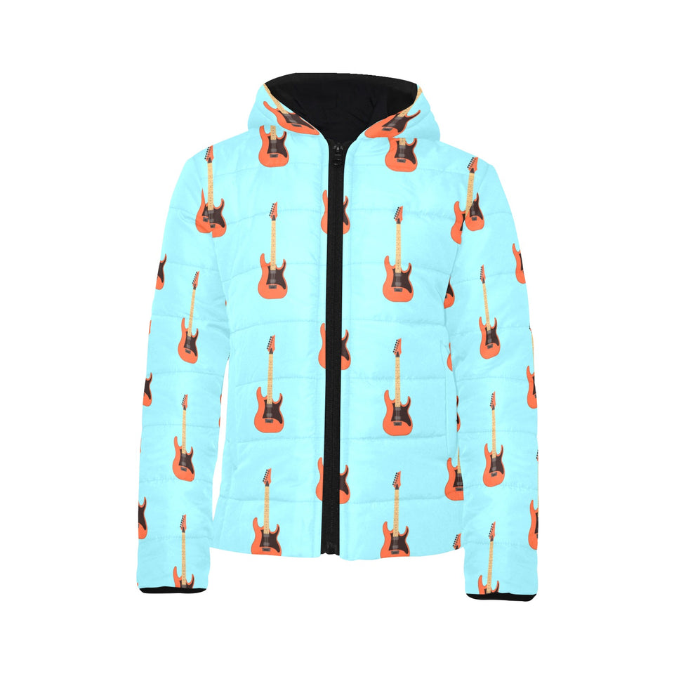 electric guitar pattern light blue background Kids' Boys' Girls' Padded Hooded Jacket