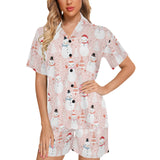 Cute snowman christmas tree snowpink background Women's V-Neck Short Pajama Set