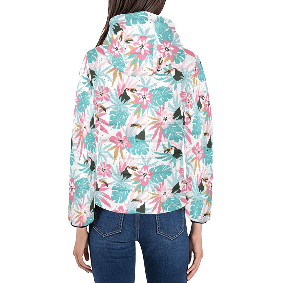 Toucan tropical flower leave pattern Women's Padded Hooded Jacket