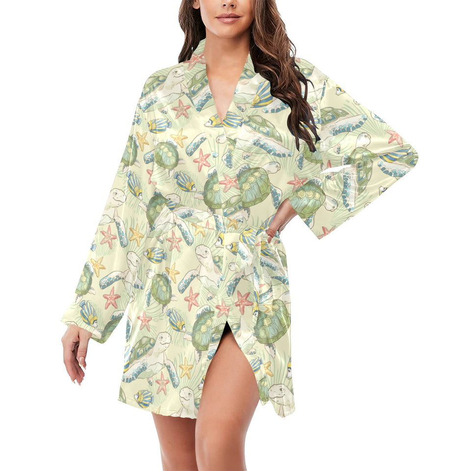 Hand drawn sea turtle fish pattern Women's Long Sleeve Belted Night Robe