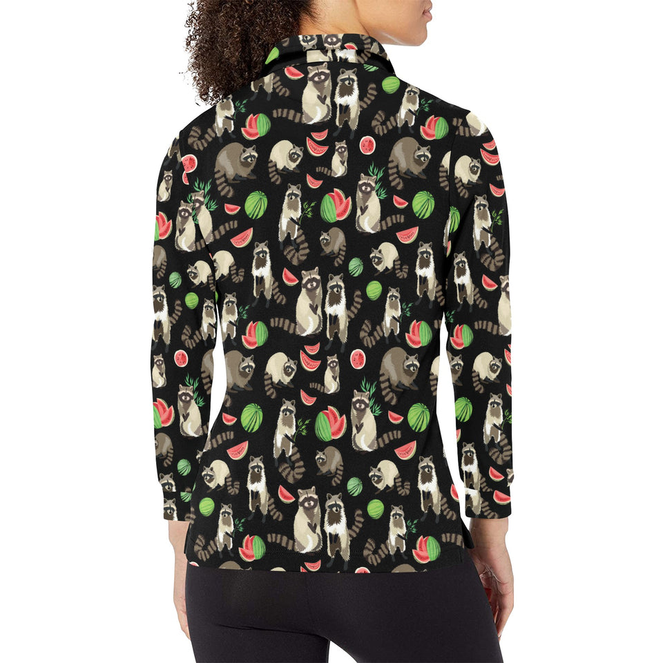 Raccoon watermelon pattern Women's Long Sleeve Polo Shirt