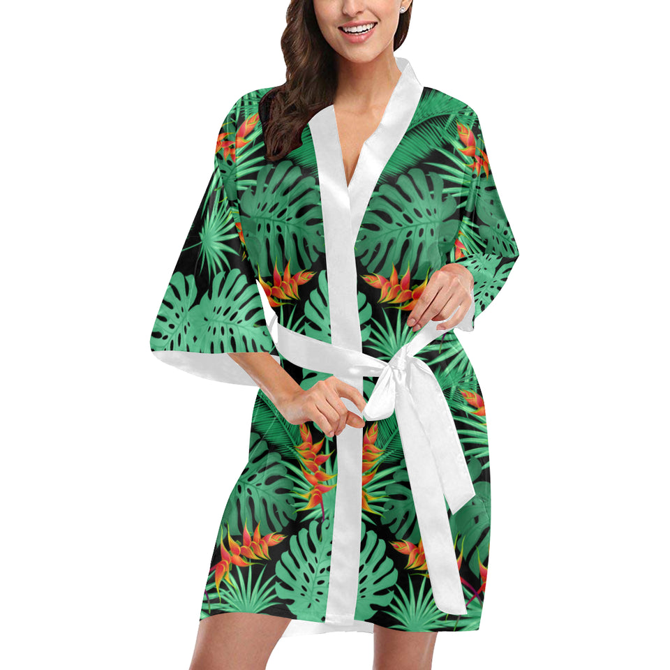heliconia flower palm monstera leaves black backgr Women's Short Kimono Robe