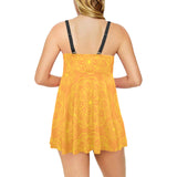 Orange traditional indian element pattern Chest Sexy Pleated Two Piece Swim Dress