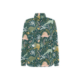 dinosaurs tropical leaves flower pattern Women's Long Sleeve Polo Shirt