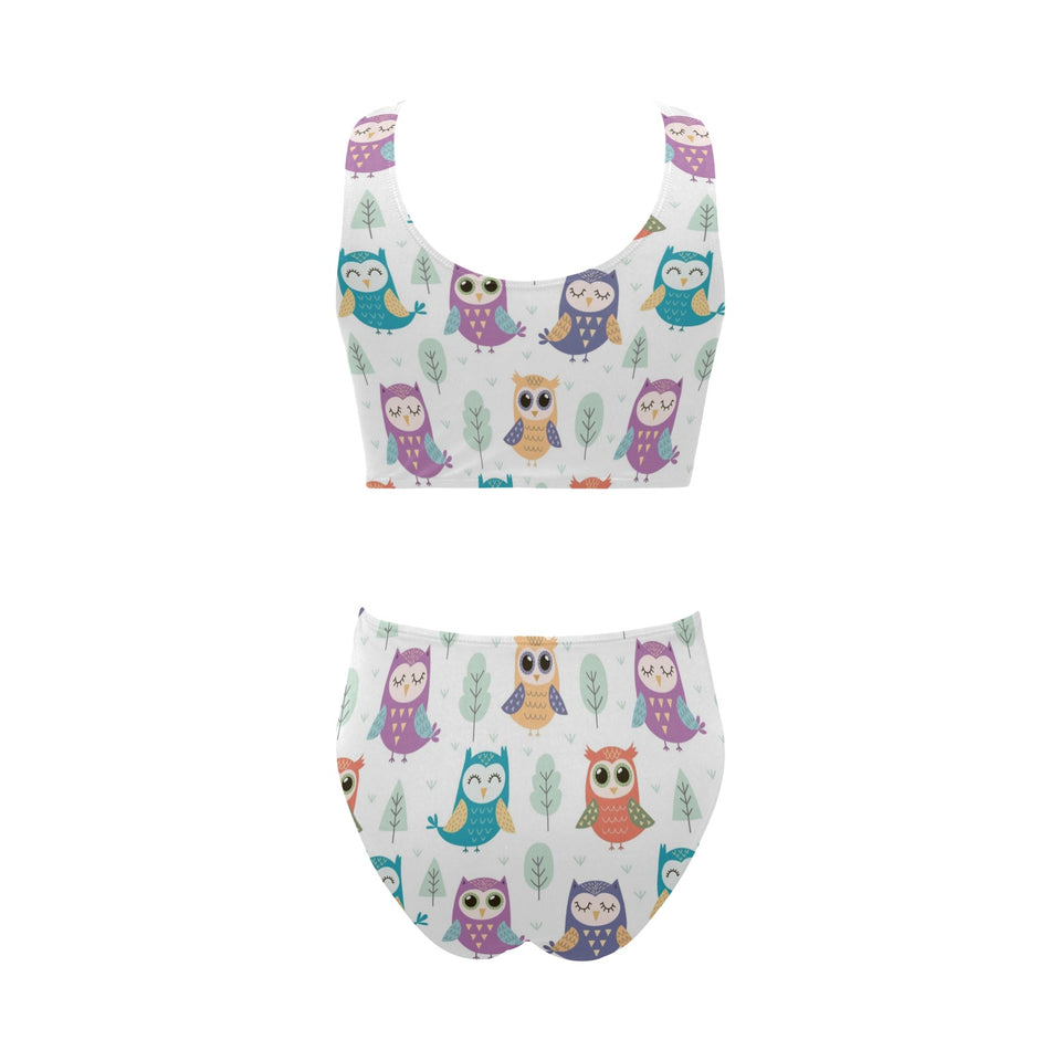 Cute owl pattern Chest Bowknot High Waisted Bikini Swimsuit
