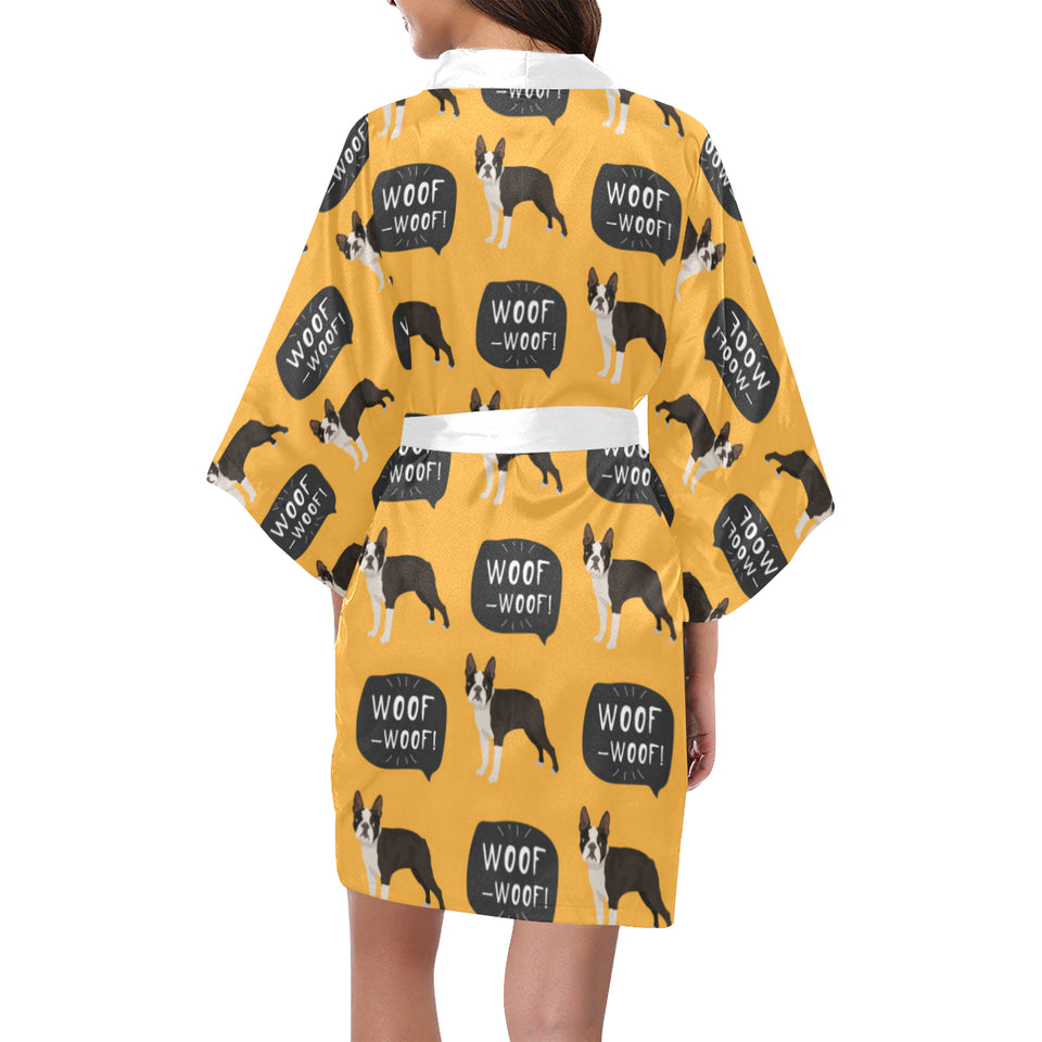 Boston terrier design pattern Women's Short Kimono Robe