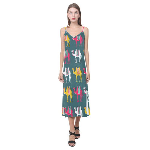 Camel pattern V-Neck Open Fork Long Dress