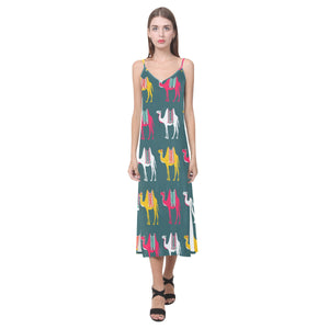 Camel pattern V-Neck Open Fork Long Dress