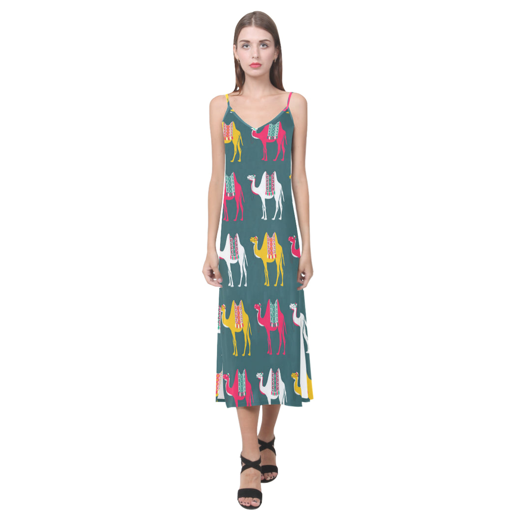 Camel pattern V-Neck Open Fork Long Dress