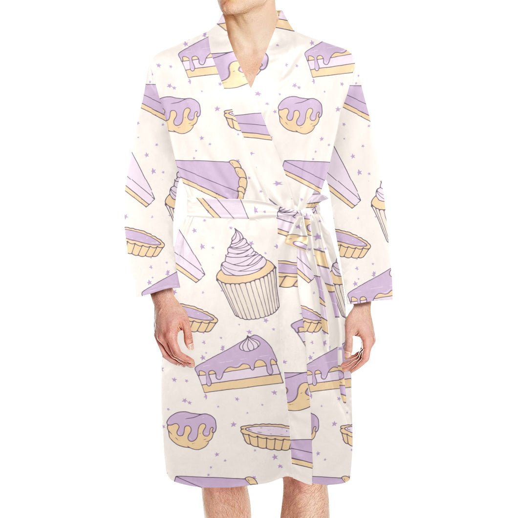 Cakes pies tarts muffins and eclairs purple bluebe Men's Long Sleeve Belted Night Robe