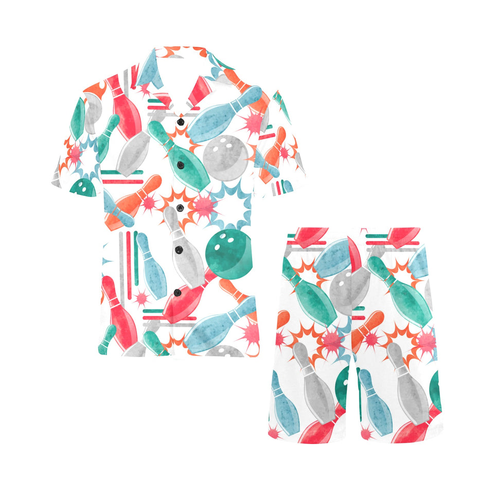 Watercolor bowling pattern Men's V-Neck Short Pajama Set
