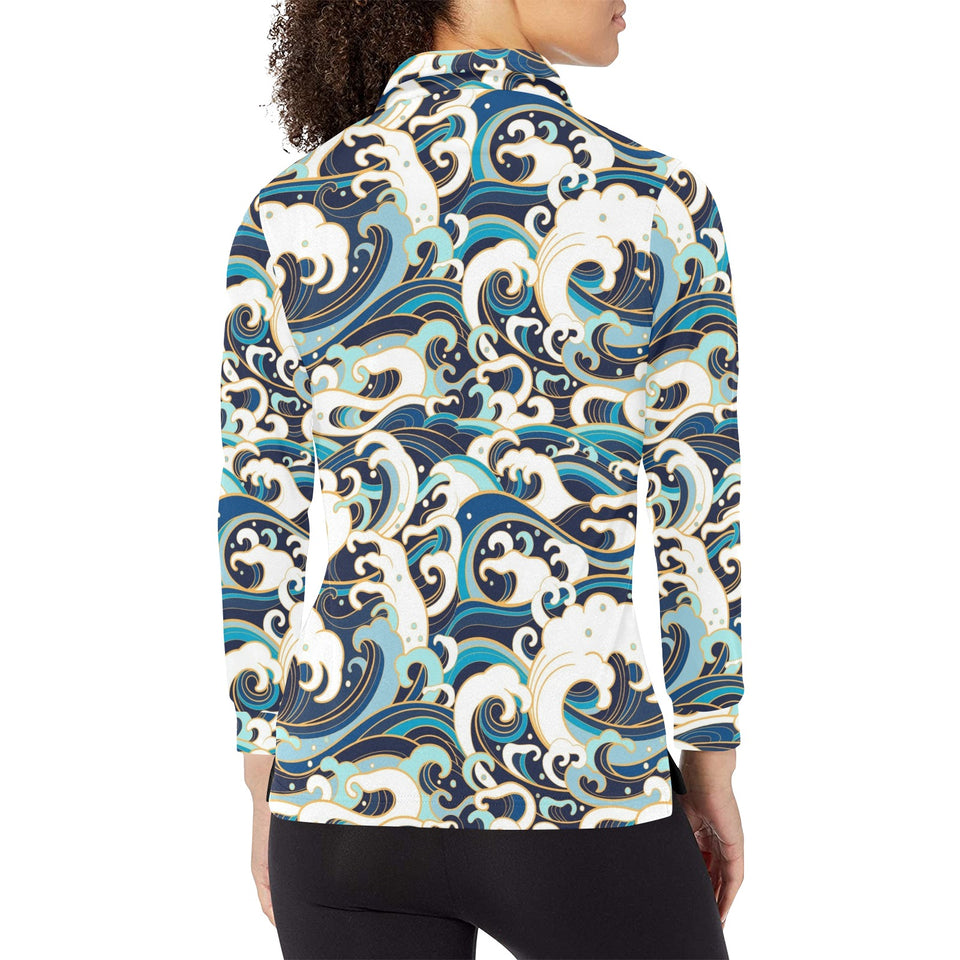 Japanese wave pattern Women's Long Sleeve Polo Shirt