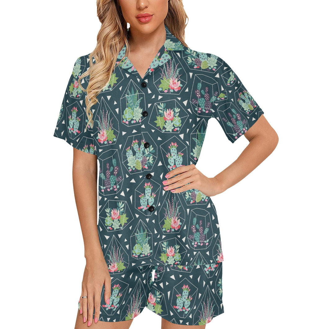 Cactus glass terrarium pattern Women's V-Neck Short Pajama Set