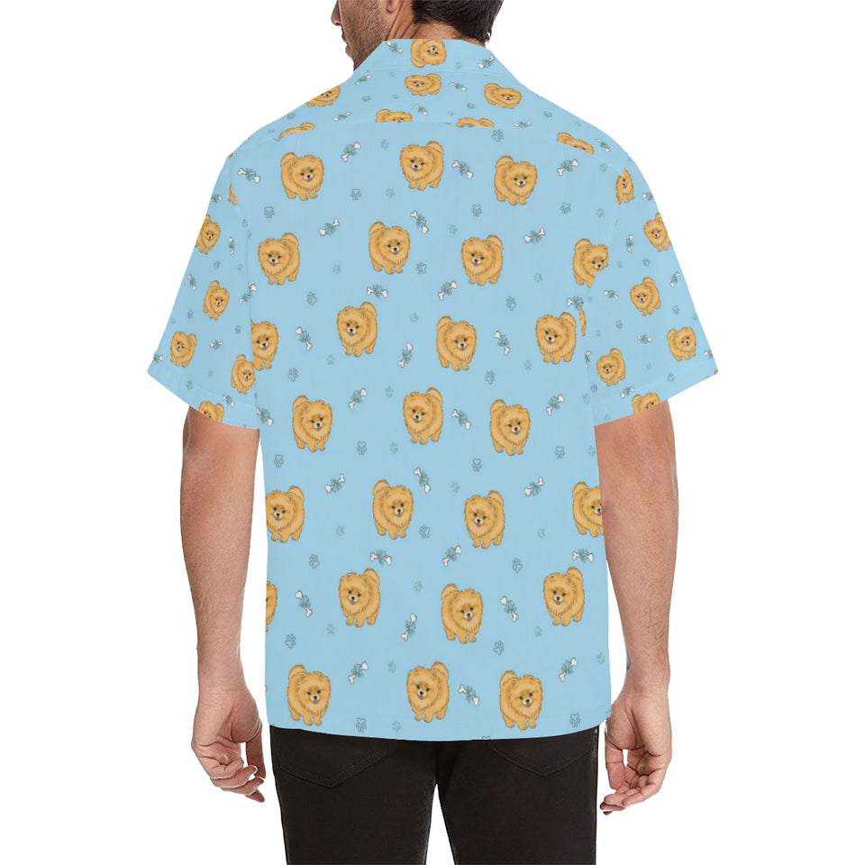 Brown cute pomeranian blue blackground Men's All Over Print Hawaiian Shirt