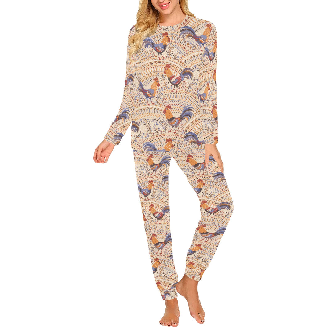 Cute rooster chicken cock floral ornament backgrou Women's All Over Print Pajama Set