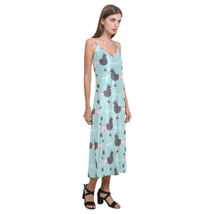 poodle dog green background V-Neck Open Fork Long Dress