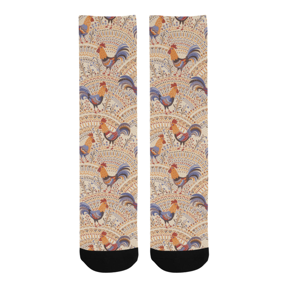 Cute rooster chicken cock floral ornament backgrou Crew Socks