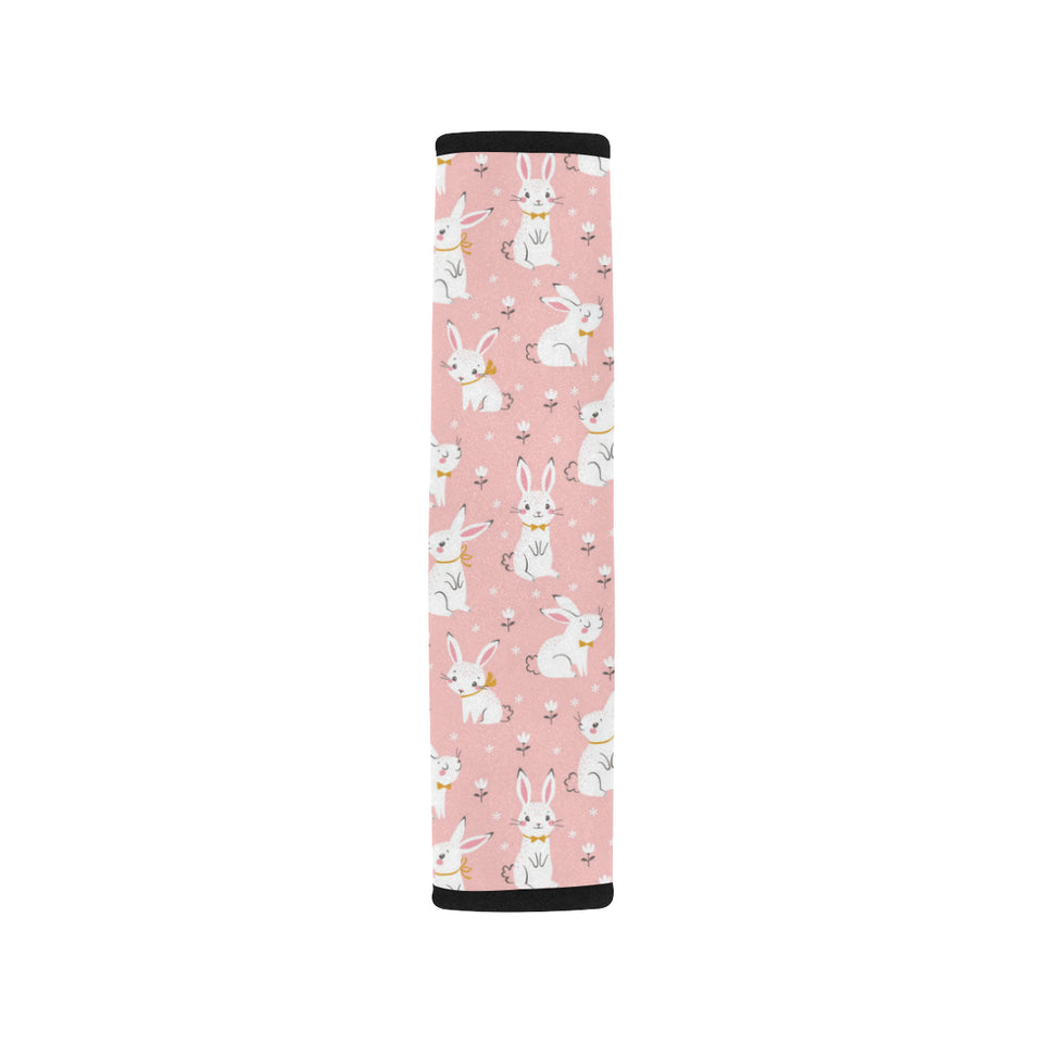 Cute white rabbit flower pink background Car Seat Belt Cover