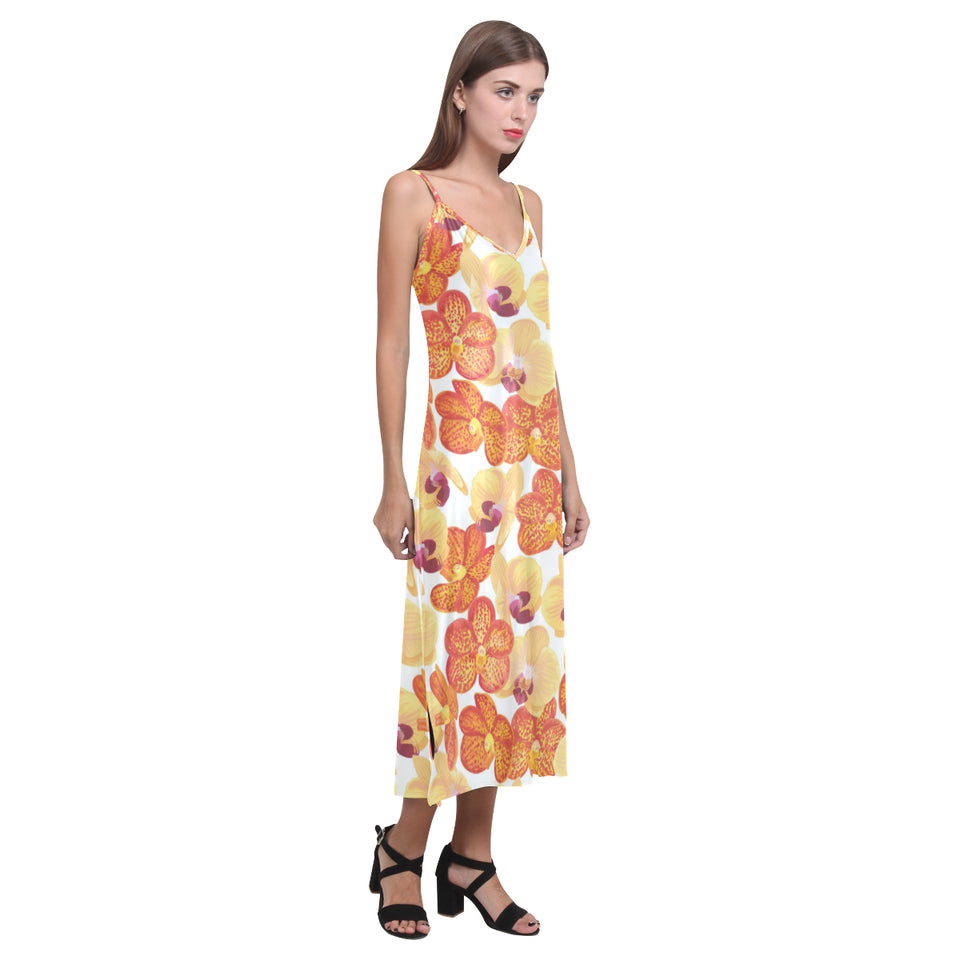 Orange yellow orchid flower pattern background V-Neck Open Fork Long Dress