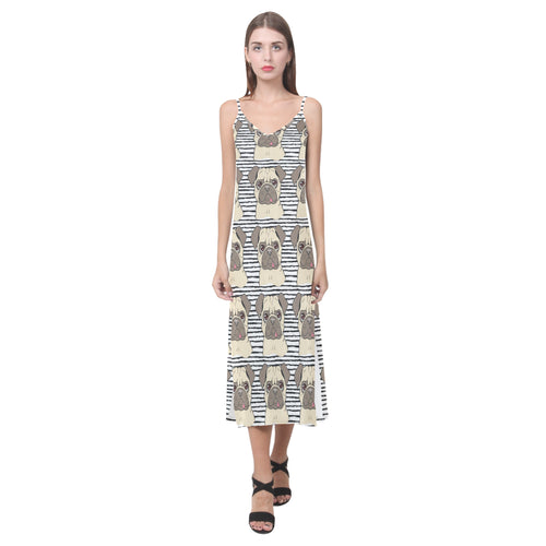 Happy pug pattern V-Neck Open Fork Long Dress