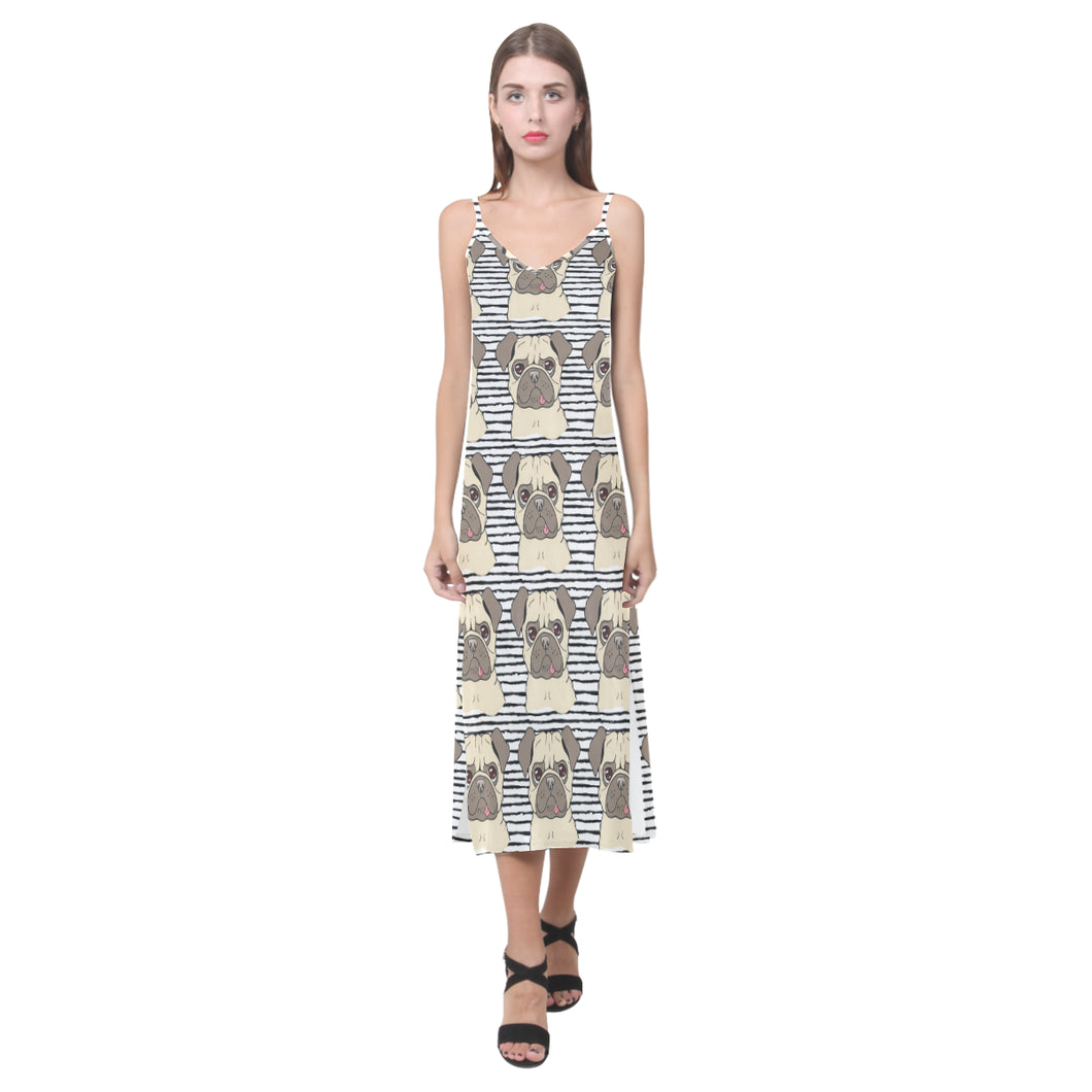 Happy pug pattern V-Neck Open Fork Long Dress