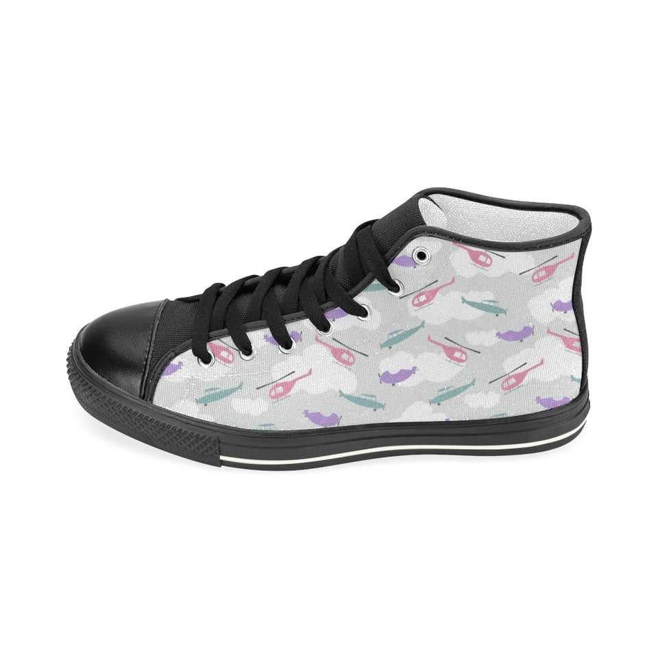 Helicopter plane pattern Women's High Top Canvas Shoes Black