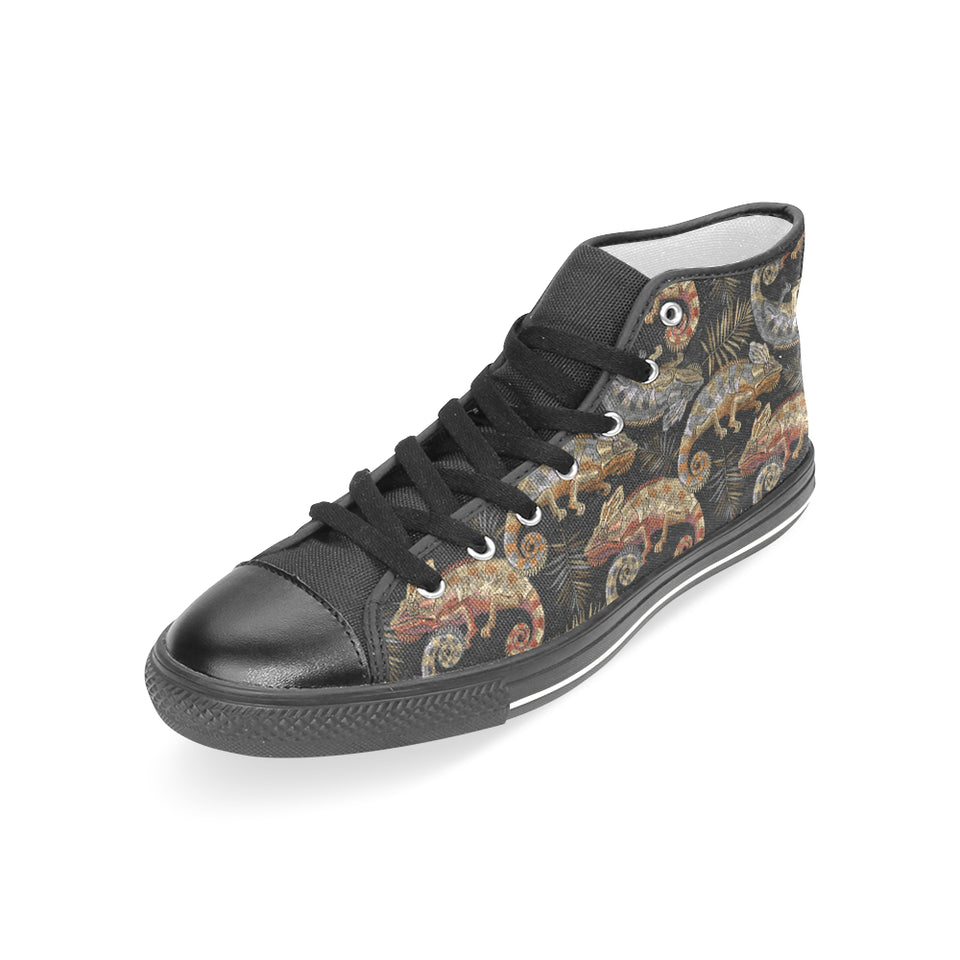 Chameleon lizard tropical leaves palm tree Women's High Top Canvas Shoes Black
