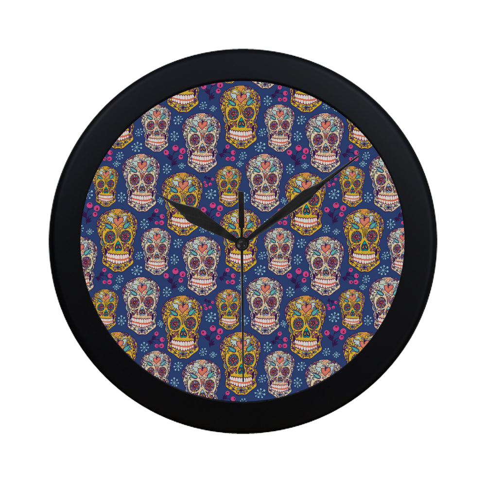 Sugar skull flower pattern Elegant Black Wall Clock