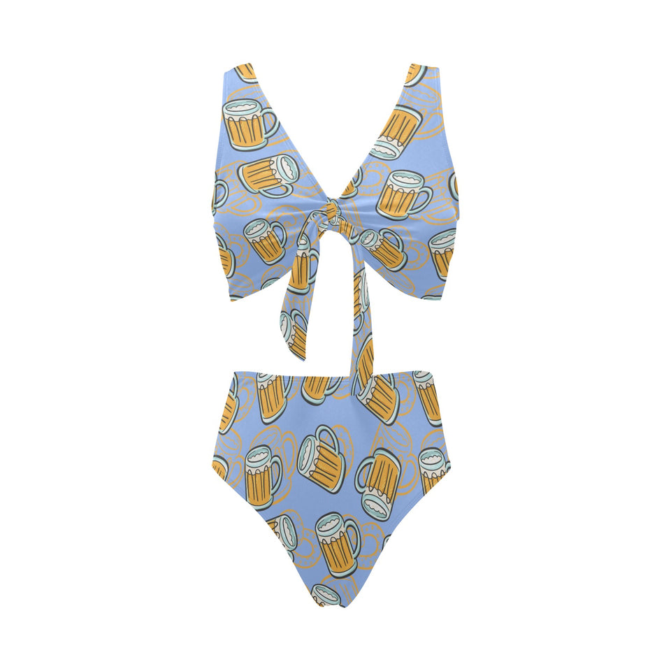Beer pattern Chest Bowknot High Waisted Bikini Swimsuit