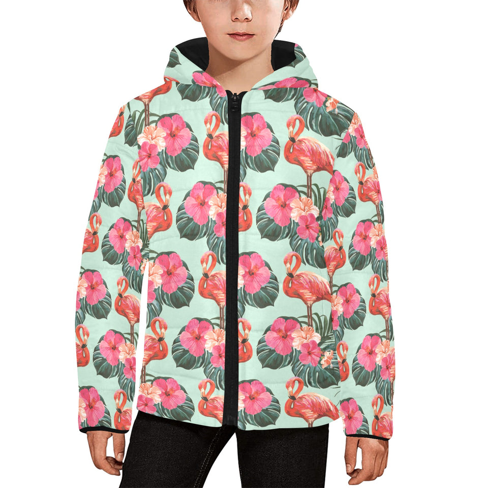 Beautiful flamingo tropical palm leaves hibiscus p Kids' Boys' Girls' Padded Hooded Jacket