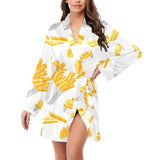 French fries white paper box pattern Women's Long Sleeve Belted Night Robe