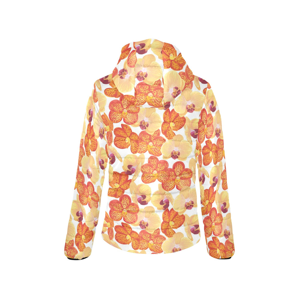 Orange yellow orchid flower pattern background Women's Padded Hooded Jacket