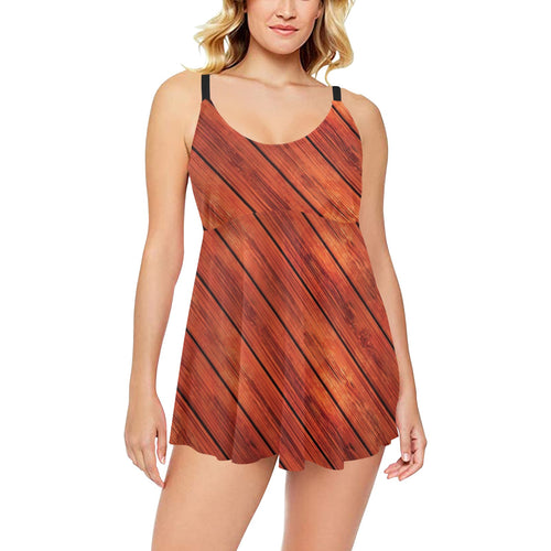 Wood Printed Pattern Print Design 03 Chest Sexy Pleated Two Piece Swim Dress
