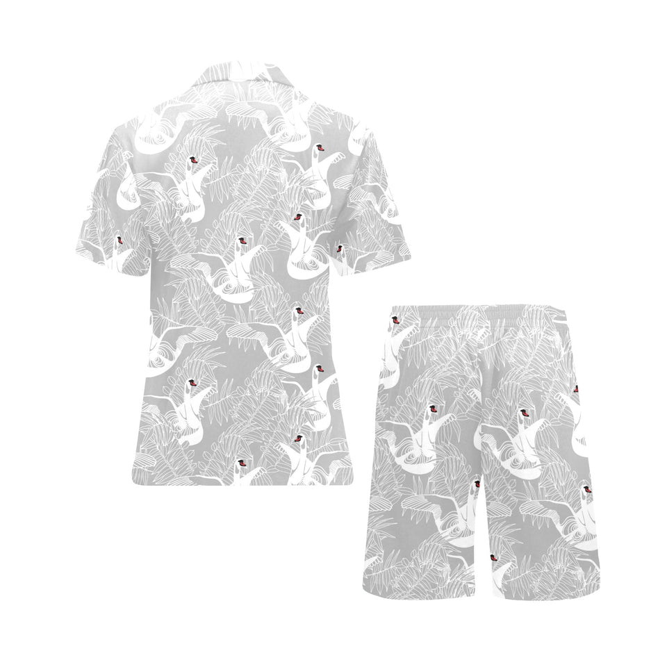 white swan gray background Men's V-Neck Short Pajama Set
